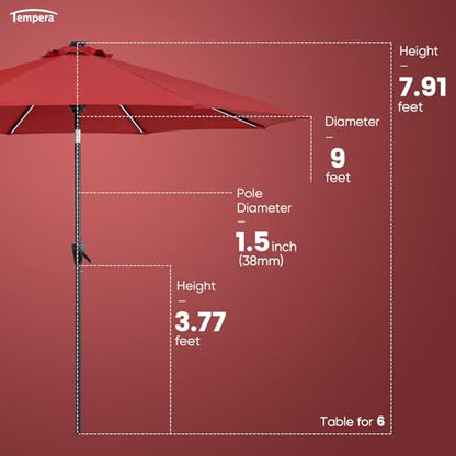 Tempera 9ft Patio LED Umbrella with light | Solar Outdoor Umbrella | Market Table Parasol with Push Button Tilt and Crank, with Sturdy Pole&Fade resistant canopy,Easy to set