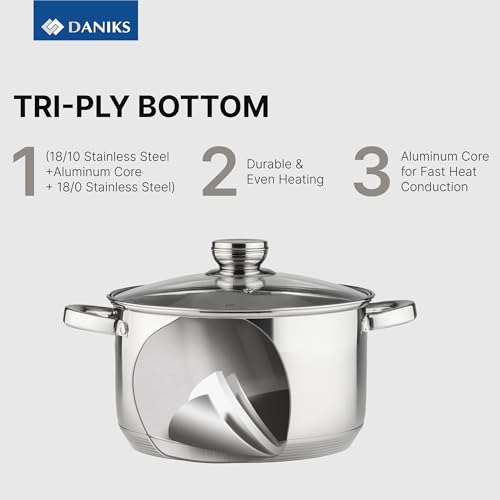 Daniks Standard 6-Piece Stainless Steel Cookware set with Glass Lid, Tri-Ply Bases for Even Heating, Induction Compatible, Dishwasher Safe, Built-In Measuring Scale, Silver