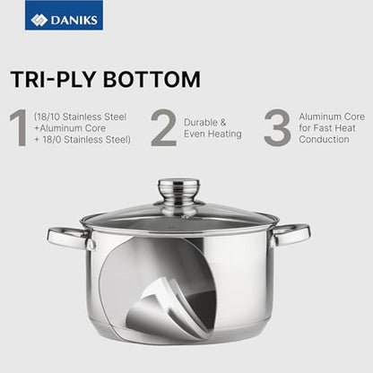 Daniks Standard 6-Piece Stainless Steel Cookware set with Glass Lid, Tri-Ply Bases for Even Heating, Induction Compatible, Dishwasher Safe, Built-In Measuring Scale, Silver