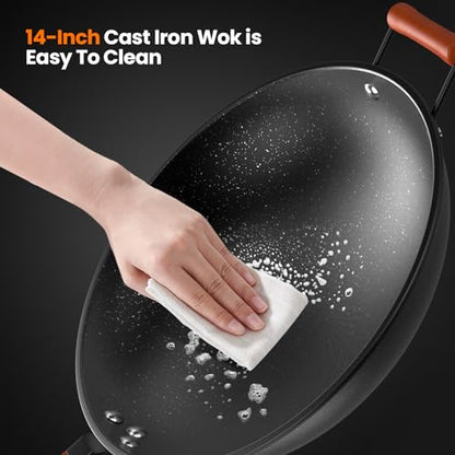 VEXMAECY 1800W Induction Wok,Stainless Steel Electric Wok Used For Home And Commercial,Temp From 140°F to 460°F,Concave Surface Dual Control 10 Power 24H Timer,14-inch Cast Iron Wok Included