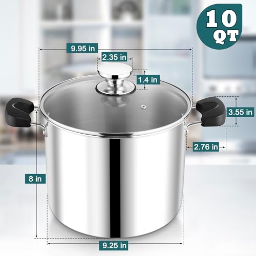 10 Quart 3-Ply Cooking Stock Pot with Lid, P&P CHEF Stainless Steel Large Pot for Pasta Soup, Work on Multi Stove, Heavy Duty & Dishwasher Safe, Dual Heat-resistant Handles & Transparent Glass Lid