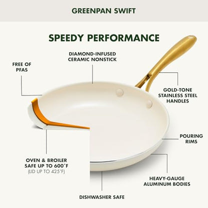 GreenPan 12 Piece Nonstick Swift Cookware Set, Ceramic PFAS-Free Pots & Pans with Lids, Dishwasher & Oven/Broiler Safe to 600F, Kitchen Cooking Set, Sauce, Saute, Stock, Frying Pans, Cream