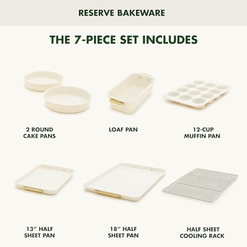 GreenPan Bakeware Set, 7 Piece Nonstick Ceramic Gold Handle Baking Sheets, Cake Pans, Loaf Pan, Muffin Tin, Cooling Rack, PFAS & BPA Free, Freezer to Oven Dish, Bake & Roast Ovenware, Cream