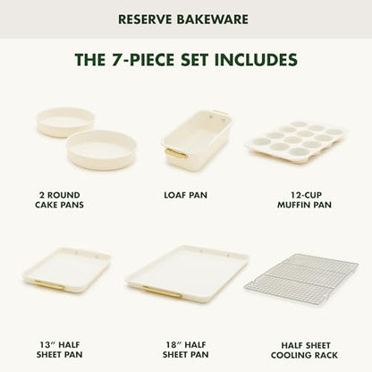 GreenPan Bakeware Set, 7 Piece Nonstick Ceramic Gold Handle Baking Sheets, Cake Pans, Loaf Pan, Muffin Tin, Cooling Rack, PFAS & BPA Free, Freezer to Oven Dish, Bake & Roast Ovenware, Cream