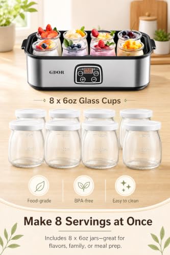 GDOR Yogurt Maker with Adjustable Temp and 48H Timer, 8 BPA-Free Glass Jars
