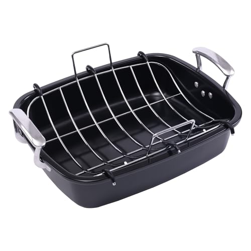 Uukrave Turkey Roasting Pan with Rack (U-Shaped), Extra Large 18.5 x 14.6 Inch Nonstick Roaster Pan for 25 lb Turkey or Chicken, Deep Oven Tray with Wide Handles, Heavy Duty Steel, Nontoxic