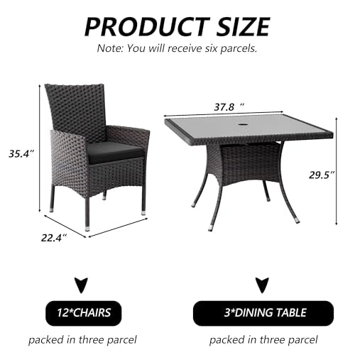 Kullavik 15 Pieces Outdoor Dining Set Patio Rattan Furniture Set,Patio Dining Table and Chairs Set with 12 Chairs and Cushions,Square Glass Tabletop with Umbrella Hole for Patio,Backyard,Grey