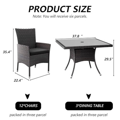 Kullavik 15 Pieces Outdoor Dining Set Patio Rattan Furniture Set,Patio Dining Table and Chairs Set with 12 Chairs and Cushions,Square Glass Tabletop with Umbrella Hole for Patio,Backyard,Grey