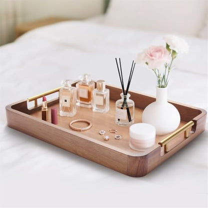 Acacia Wood Serving Tray with Handles, 17x13 Inch Ottoman Tray for Coffee Table,Candle Display,Breakfast in Bed, Large Wooden Decorative Tray with Non-Slip Pads, for Kitchen, Dining, Home Decor