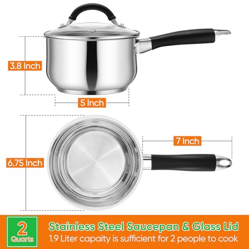 P&P CHEF 2 Quart Sauce Pan with Lid, Stainless Steel Saucepan, Small Milk Pot for Multipurpose Cooking, Visible Glass Lid & Stay-cool Silicone Handle & Tri-Ply Base, For All Stoves & Dishwasher Use