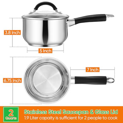 P&P CHEF 2 Quart Sauce Pan with Lid, Stainless Steel Saucepan, Small Milk Pot for Multipurpose Cooking, Visible Glass Lid & Stay-cool Silicone Handle & Tri-Ply Base, For All Stoves & Dishwasher Use