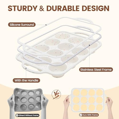 Vinino 8-Piece Baking Pans Set Nonstick, Bakeware Set includes Silicone Muffin, Loaf, Cake Pans with Metal Reinforced Frame, and Carbon Steel Roasting Pan, Cookie Sheet, Cooling rack for Oven-Cream