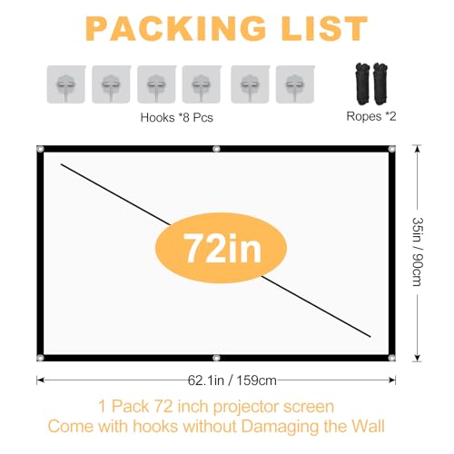 Projector Screen, 72Inch Outdoor Projector Screen, Washable & Foldable - Ideal for Indoor/Outdoor Home Theater, Camping, Office, 16:9 Aspect Ratio, 4K HD, Projector for Movies On Wall