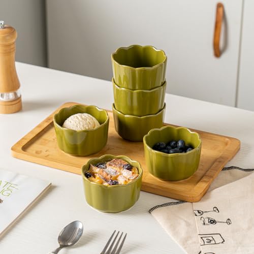 Krokori 6-Piece 6 Oz Scallop Ceramic Ramekins Set - Porcelain Baking Bowls with Elegant Scallop Rim for Creme Brulee, Souffle, Pudding, Ice Cream & Dipping, Oven-Safe, Durable & Space-Saving, Moss Green