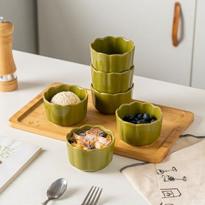 Krokori 6-Piece 6 Oz Scallop Ceramic Ramekins Set - Porcelain Baking Bowls with Elegant Scallop Rim for Creme Brulee, Souffle, Pudding, Ice Cream & Dipping, Oven-Safe, Durable & Space-Saving, Moss Green
