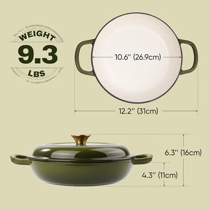 Vintage Style 3 Quart Enameled Cast Iron Braiser, Non Stick Enameled Cast Iron Skillet with Lid, Dutch Oven Skillet with lid up to 500°F for Oven, Stove, Grill, Shallow Dutch Oven for Cook, Bake (Gloden Green)