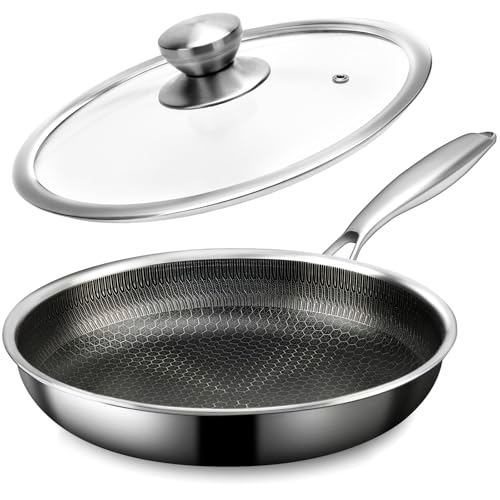 Stainless Steel Frying Pan with Lid, 8 Inch Honeycomb Non Stick Frying Pan, Small Stainless Steel Nonstick Pans W/Lid, Safe Nonstick Skillet Egg Omelete Pans, Oven Safe, Induction Compatible,PFOA Free