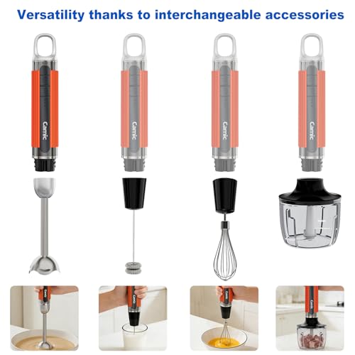 Cordless Immersion Hand Blender with Charging, 4 in 1 Handheld Blenders Set, 6-Speed Turbo, Wall-Mountable Design, Includes Chopper, Whisk & Frother for Soup, Baby Food & Smoothies (Orange)