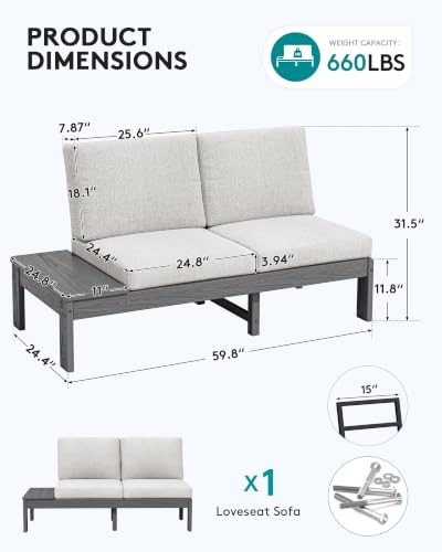 SERWALL HDPE Outdoor Loveseat Sofa, 2 Seats Patio Sofa, All-Weather Patio Conversation Sets with Adjustable Backrest Sofa for Backyard and Garden, Grey Frame with Beige Cushion