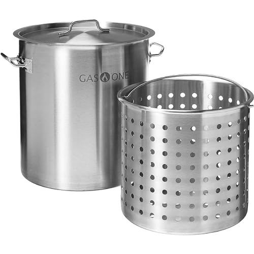 GasOne Stainless Steel Stockpot with Basket – 64qt Stock Pot with Lid and Reinforced Bottom – Heavy-Duty Cooking Pot for Deep Frying, Turkey Frying, Beer Brewing, Soup, Seafood Boil – Satin Finish
