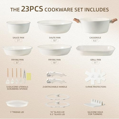 BECIGAR 23PCS Ceramic Pots and Pans Set,Nonstick, Removable Handle Pots and Pans Set, Stackable Pan Set, Ceramic Nonstick Pan Non Stick for Easy Cooking