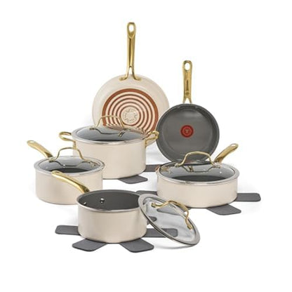T-fal Preserve Ceramic, Non stick Cookware Set 13-Piece, Oven & Broiler Safe up to 350°F, Includes Stockpot, Saucepans, Frying Pans, Protectors, Pots and Pans, Beige