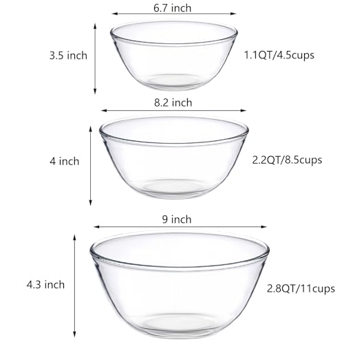BECFISH Borosilicate Glass Mixing Bowls, Set of 3 (2.8, 2.2, 1.1QT) - Heavy-Duty, Scratch Resistant & Lead-Free. Oven, Microwave, Dishwasher & Freezer Safe. Ideal for Meal Prep, Baking, Serving.