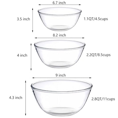 BECFISH Borosilicate Glass Mixing Bowls, Set of 3 (2.8, 2.2, 1.1QT) - Heavy-Duty, Scratch Resistant & Lead-Free. Oven, Microwave, Dishwasher & Freezer Safe. Ideal for Meal Prep, Baking, Serving.