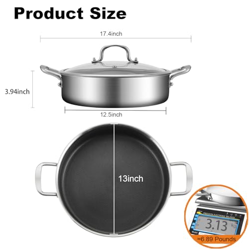 DELARLO Saute Pan 8QT, Frying Pan Nonstick with Lid, Tri-ply Stainless Steel Skillet, Large Braiser Induction, Everyday Pans, Heavy Duty Style, Compatible with All Cooktops Up to 660℉