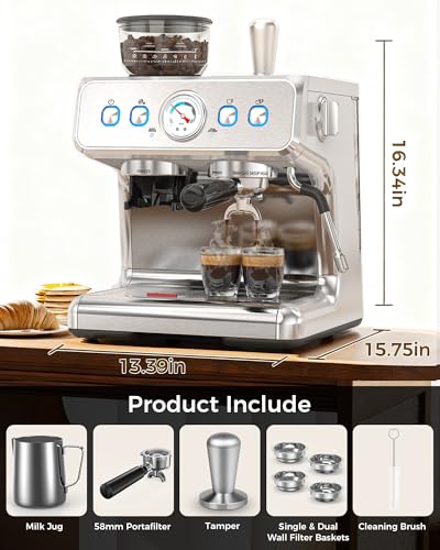 COWSAR 20 Bar Espresso Machine with Grinder & Milk Frother Steam Wand, 58mm Expresso Coffee machines, Commercial Stainless Steel Coffee Maker for Cappuccino and Latte, Perfect for Home Café-Pro