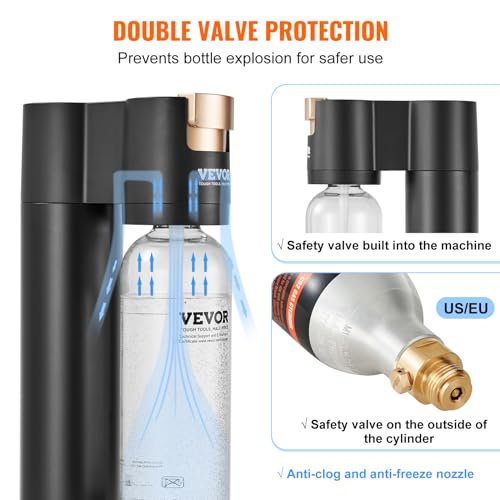VEVOR Sparkling Water Maker, Soda Maker Machine for Home Carbonating, Seltzer Water Starter Kit with BPA-free 1L PET Bottle, CO2 Cylinder, Compatible with Mainstream Screw-in 60L CO2 Cylinder, black