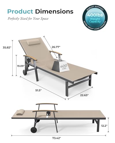 Ciokea Outdoor Lounge Chair with Pillow, 5-Position Aluminum Chaise Lounge with Wheels & Armrests, 400 lbs Heavy Duty Patio Pool Chair for Deck, Backyard, Beach & Poolside, Khaki