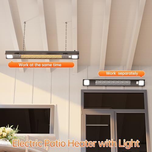 Wall-Mounted Electric Heater Hanging Patio with Light Ceiling Outdoor, 1500W Infrared 9 Heat Levels, 24H Timers, 1s Heating Carbon Fiber Tube Wall Heater for Backyard, Garage