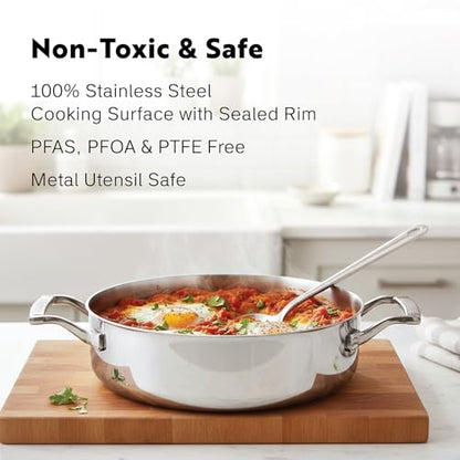 PROCASA 3 Quart Braiser Pan with Lid - Fully Clad Tri Ply Stainless Steel Saute Pan - Heat Resistant Handles - Coating-Free, PFAS-Free Non Toxic Cookware - Induction, Oven & Dishwasher Safe