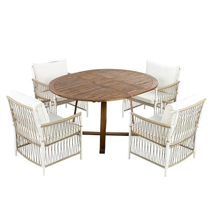 Merax 5 Piece Patio Dining Set, Outdoor Acacia Wood Extendable Round Table with 12 Inch Butterfly Leaf and 4 Rattan Arm Chairs w/Cousions & Pillows for Backyard,Balcony, Garden, Poolsid, Natural