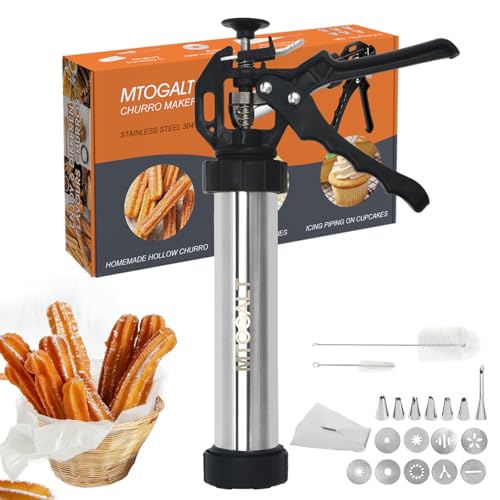 MTOGALT 21-Piece Cookie Press Set & Churro Maker Machine – Stainless Steel Baking Gun for Spritz Cookies, Hollow Churros, and Pastry – Includes 6 Nozzles, 9 Discs, Piping Bag, and 2 Brushes