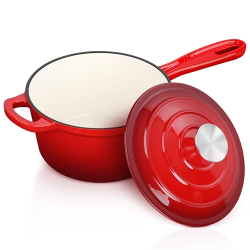 Enameled Cast Iron Sauce Pan with Lid, Leonyo 2 Quart Saucepan with Lid, Enamel Cast Iron Dutch Oven Kitchen Cookware for All Cooktops Making Pasta Sauce, Milk, Oatmeal - Up to 500°F & 6.7Lbs, Red