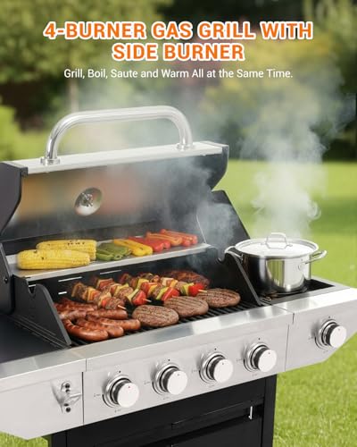 EUHOME 4-Burner Propane Gas BBQ Grill with Side Burner, 46,500 BTU Output Stainless Steel Barbecue Grill with Enameled Cast Iron Grates and Side Tables for Outdoor Cooking Kitchen and Patio Backyard
