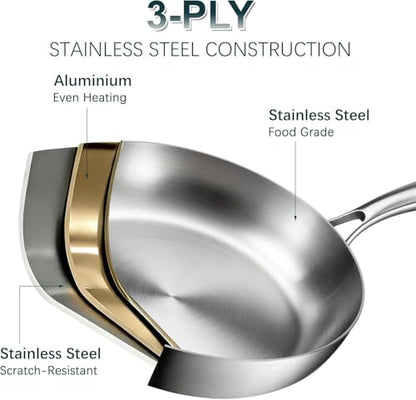 Fruikit Stainless Steel Cookware Set - 20 PCS Pots and Pans Set with 3-Ply Stainless Steel Frying Pan, Professional Kitchen Cooking Set, Induction Compatible, Oven & Dishwasher Safe