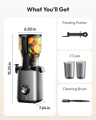 Cold Press Juicer Machines, EUHOMY 5.8" Wide Feed Chute, Slow Masticating Juicer for Whole Vegetables and Fruits, 99.6% High Juice Yield, Easy to clean, Juicer Machines with BPA Free