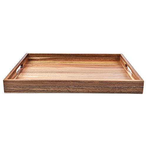 Acacia Wood Serving Tray with Handles (17 Inches) – Decorative Serving Trays Platter for Breakfast in Bed, Lunch, Dinner, Appetizers, Patio, Ottoman, Coffee Table, BBQ, Party –Great for Lap &Couch