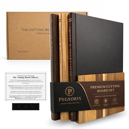 PEGSORIX The Cutting Board Library™ (Original Design) | Decorative Kitchen Board Collection Bundle with Display Stand | Premium Acacia Wood | Stabilized Non-Slip Base