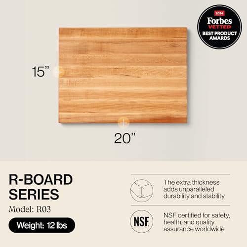 John Boos R-Board Series Rectangular Wooden Maple Cutting Board 20”x15” – 1.5” Thick, 12-lb Reversible Butcher Block with Edge-Grain & Finger Grips – Made in the USA