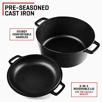 Uno Casa 2-in-1 Cast Iron Dutch Oven Large - 5 Quart Dutch Oven Pot with Lid, Pre-Seasoned Cooking Dish for Bread Baking and Stews - Heavy Duty Cast Iron Pot with Detachable Frying Pan Lid for Versatile Cooking