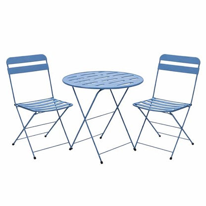 Alpine Corporation VTFAM168A-BL 3-Piece Blue Metal Folding Bistro Set – 20" Round Patio Table with 2 Folding Chairs – Portable Indoor/Outdoor Balcony & Garden Furniture Set