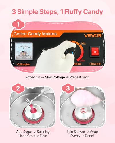 VEVOR Cotton Candy Machine Commercial, 1000W Electric Candy Floss Maker, Easy Use with 15 inch Stainless Steel Bowl and Sugar Scoop, Makes Hard Candy for Home Kids Birthday, Family Party, Pink