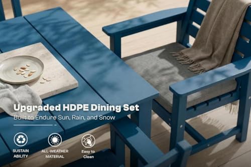 Patio Kingdom Perli™ 9-Piece Outdoor Dining Set, All-Weather HDPE Patio Furniture with 8 Ergonomic Chairs & Large Table, Built-in Umbrella Hole, UV-Resistant Set for Backyard, Deck, Poolside, Blue