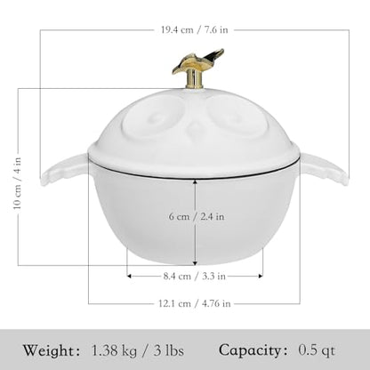 Flavehc Mini Cocotte 16 oz Owl Shaped Mini Dutch Oven 0.5 qt Cast Iron Garlic Roaster for Oven Garlic Confit Pot Ramekins with Lids Oven Safe, White