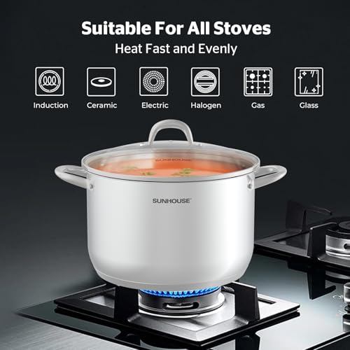 Sunhouse Stock Pot with Lid - 13 QT Large Pot for Cooking Pasta, Soup, Spaghetti - Impact Bonding Base Big Stainless Steel Pots for Canning, Boiling - Oven Safe & Induction Compatible Cookware