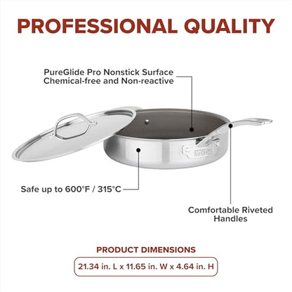 Viking PureGlide Pro 3-Ply Nonstick Sauté Pan with Lid, Made without PFAS, 4.5-Quart Induction Deep Frying Pan with Helper Handle, Metal Utensil Safe Titanium Nonstick Surface, Oven Safe to 600F